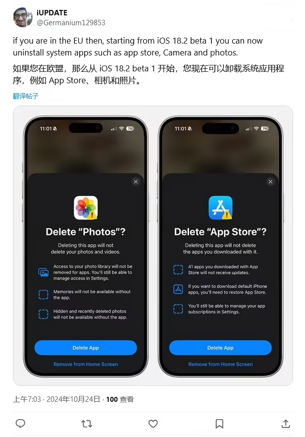 湟中苹果手机维修分享iOS 18.2 支持删除 App Store 应用商店 