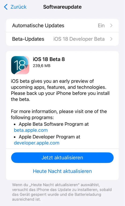 湟中苹果手机维修分享苹果 iOS / iPadOS 18 开发者预览版 Beta 8 发布 